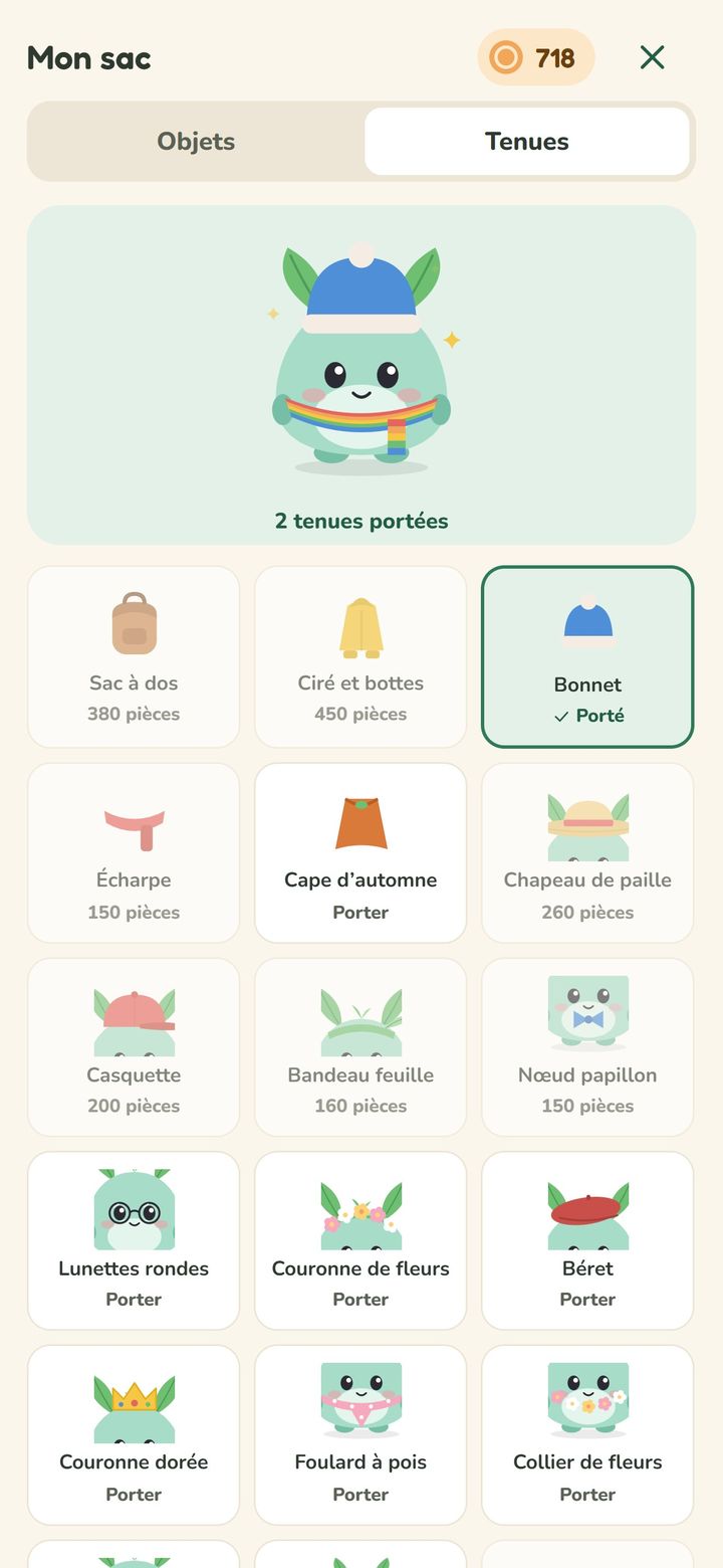 Le sac de Sooky, onglet Tenues : bonnet, écharpe, cape d'automne…